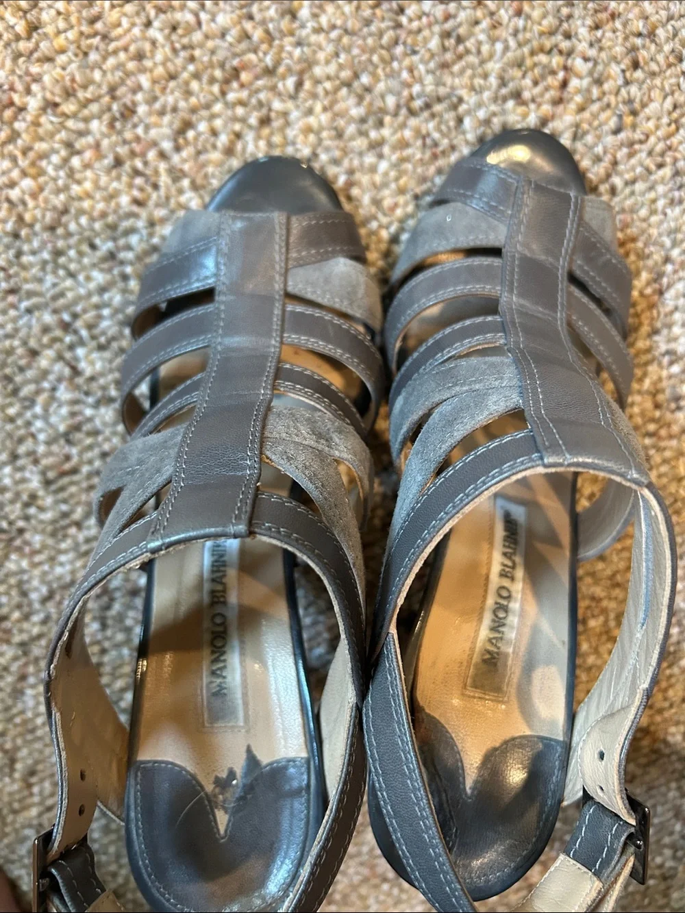 Manolo Blahnik Gray Strappy Suede & Leather Heels